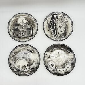 4 Eaton Haunted House Halloween Salad Dessert Plates Skull Skelleton Witch Set